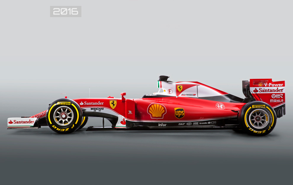 Vista de perfil del Ferrari SF16-H de 2016