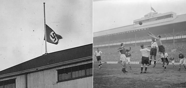 La esvástica ondeando en White Hart Lane en el partido entre Inglaterra y Alemania en 1935.